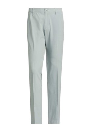 Light gray trousers with a slim fit, made of smooth fabric. Features a button closure, front pockets, and a crease down the front legs.
