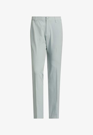 Svijetlosive hlače uskog kroja, izrađene od glatkog tkanja. Imaju zatvaranje na gumb, prednje džepove i nabor po sredini nogavica.