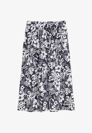 Falda midi floral con fondo azul marino y estampado botánico blanco, cinturilla elástica y diseño plisado para mayor volumen.
