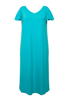 Türkisfarbiges Kleid aus leichtem Stoff, mit V-Ausschnitt, kurzen schwingenden Ärmeln und seitlichen Schlitzen für mehr Bewegungsfreiheit.