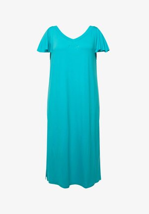 Türkisfarbiges Kleid aus leichtem Stoff, mit V-Ausschnitt, kurzen schwingenden Ärmeln und seitlichen Schlitzen für mehr Bewegungsfreiheit.