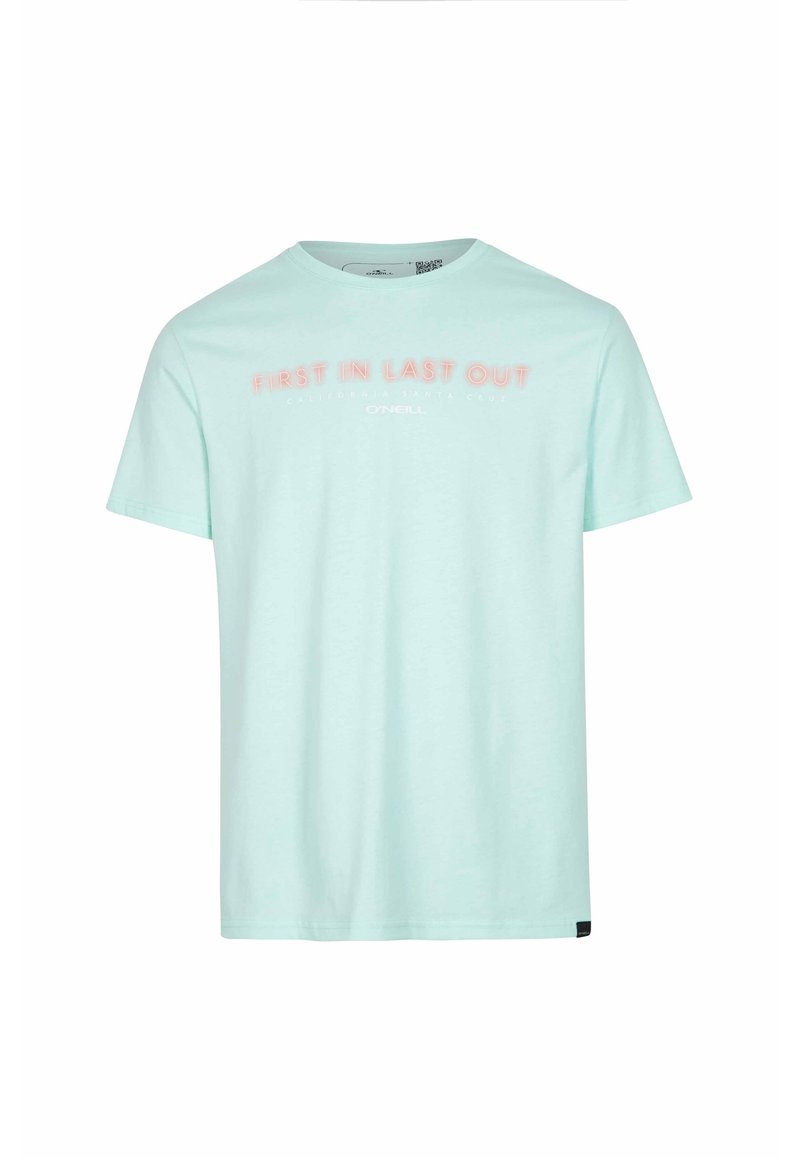Mintgrön bomullströja, korta ärmar, rund hals, med rosa text: "FIRST IN LAST OUT," och varumärket O'Neill på nederkanten.