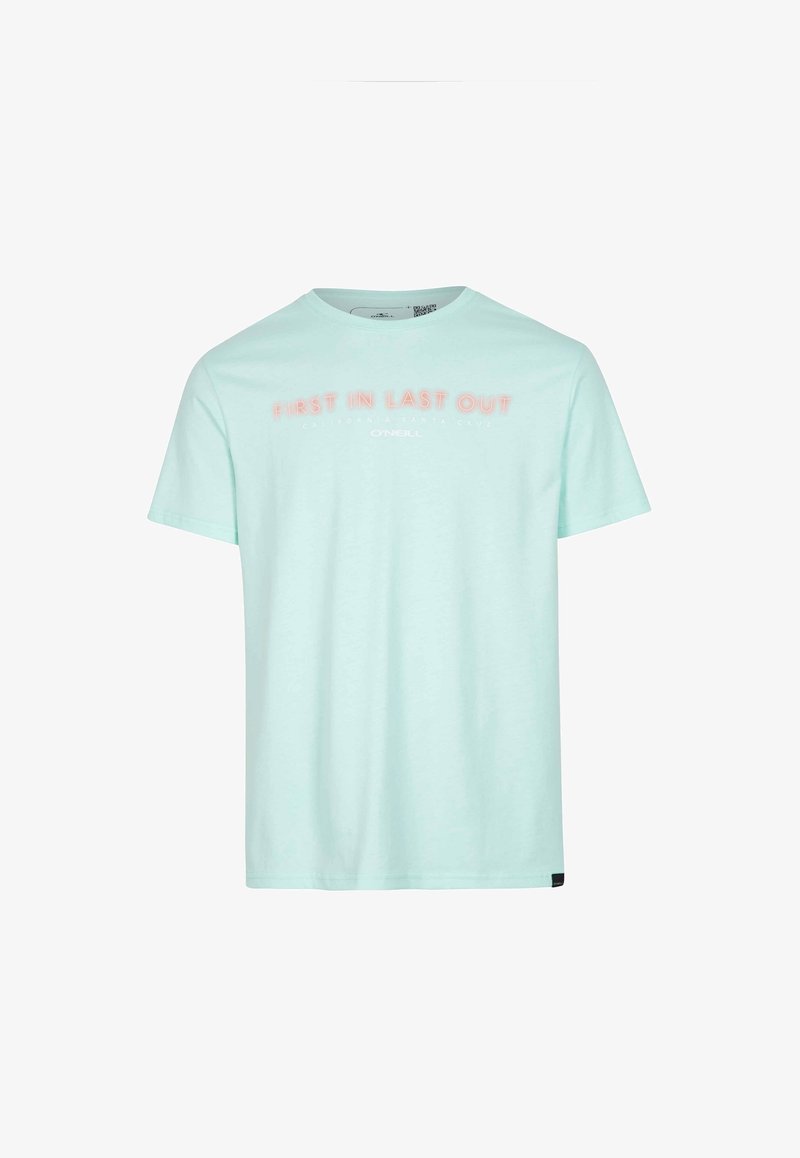 Mintgrön bomullströja, korta ärmar, rund hals, med rosa text: "FIRST IN LAST OUT," och varumärket O'Neill på nederkanten.