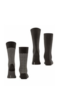 Schwarze und dunkelgraue Socken mit einem strukturierten Muster im unteren Bereich, gerippten Bündchen und einem glatten Finish am Hauptteil.