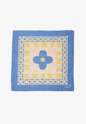 Carré de tissu avec une bordure bleue, fleur bleue centrale au centre jaune, entourée de carrés jaunes et de petits motifs floraux bleus et verts.