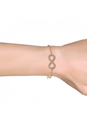 Roze-gouden armband met een oneindigheidssymbool versierd met heldere edelstenen, bevestigd met een delicate ketting met een verstelbare sluiting.