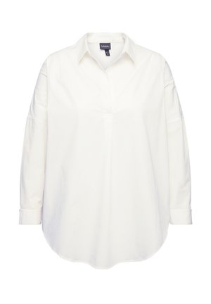 Chemise blanche en coton à boutons, avec un col, des manches longues et un ourlet arrondi. Caractérisée par une texture lisse et un design minimaliste.