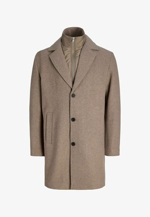 Ruda vilnos mišinio striukė su pažastiniu apykakliu, penkiais juodais mygtukais ir šonine kišene. Viduje turi siuvinėtą sluoksnį su užtrauktuku.