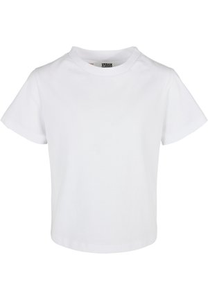 Fehér pamut póló rövid ujjakkal, kerek nyakkivágással és egyenes szegéllyel. A gallér belső részén található egy "URBAN CLASSICS" feliratú címke.