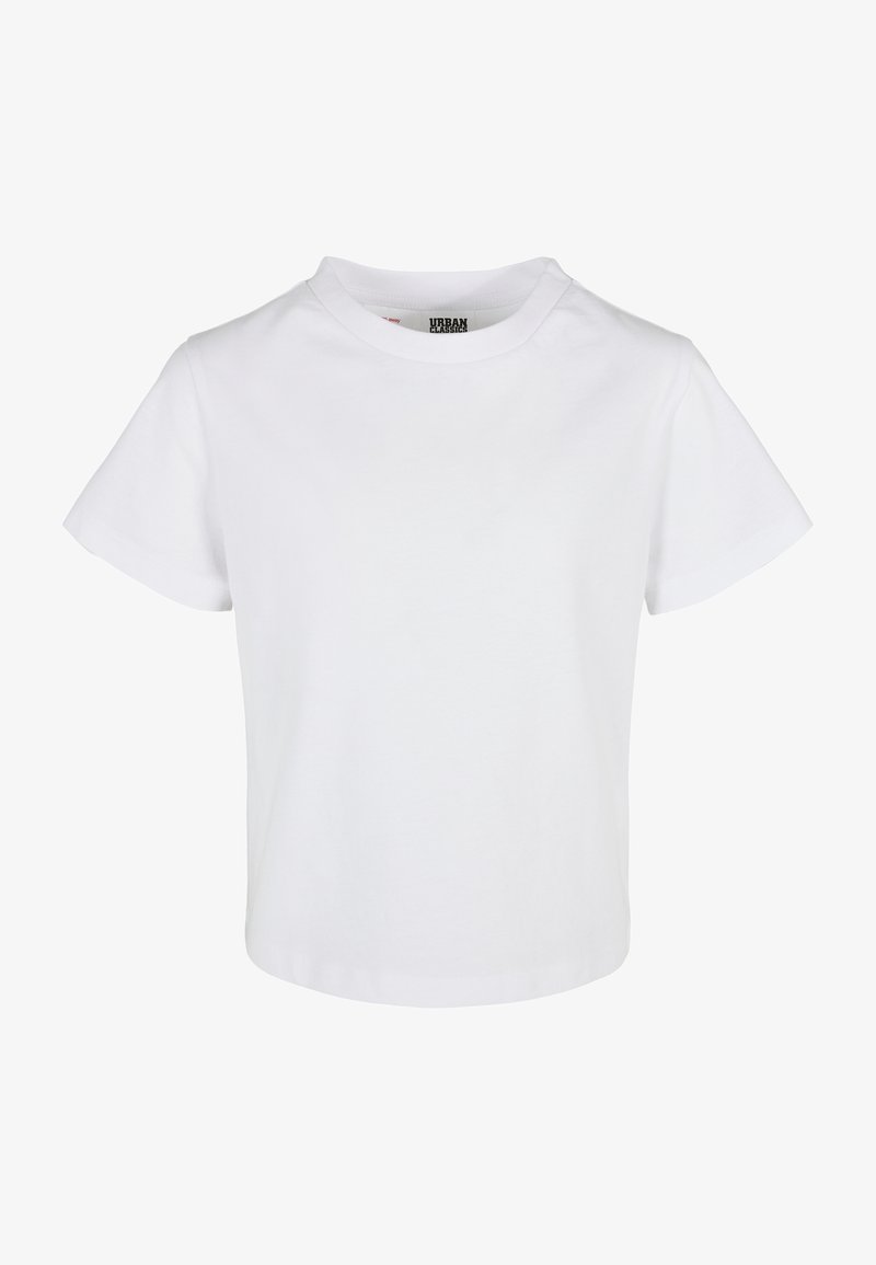 Fehér pamut póló rövid ujjakkal, kerek nyakkivágással és egyenes szegéllyel. A gallér belső részén található egy "URBAN CLASSICS" feliratú címke.
