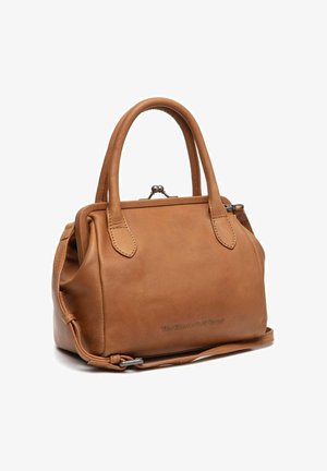Tan leather handbag with a structured design, rounded handles, silver hardware, magnetic closure, and a detachable strap.