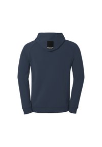 Hoodie in Marineblau mit Kapuze mit Kordelzug, gerippten Bündchen, gesticktem Logo auf der Rückseite und glatter Stoffstruktur.