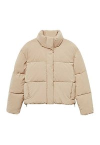 Bežna podložena jakna z visokim ovratnikom, zadrgo, horizontalnimi šivi in stranskimi žepi. Material se zdi gladek z quilted teksturo.