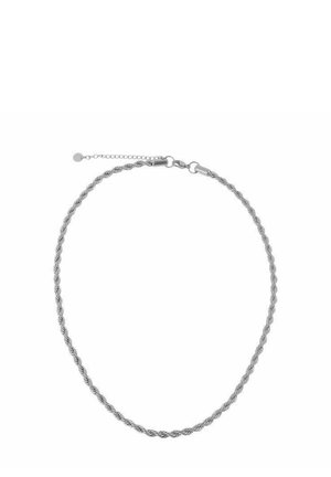 Collana in argento a catena attorcigliata con chiusura e catena di estensione. Texture liscia, anelli circolari e design minimalista.