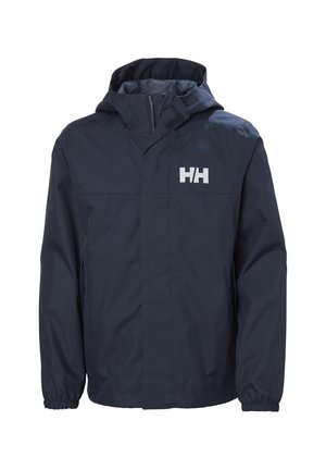 Chaqueta impermeable azul marino con capucha, cremallera frontal, puños elásticos, bolsillos laterales y logo "HH" blanco en el pecho.