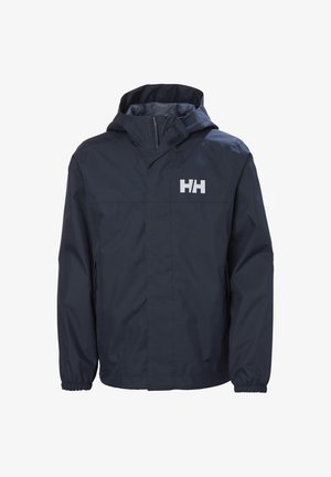 Wodoodporna kurtka w kolorze granatowym z kapturem, przednim suwakiem, elastycznymi mankietami, bocznymi kieszeniami oraz białym logo "HH" na piersi.