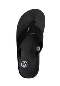 Flip-flop neri con pedana testurizzata, cinturino in tessuto e dettaglio logo bianco. Design minimalista adatto per un abbigliamento casual.