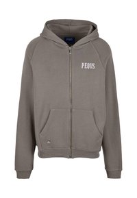 Šedá mikina s kapucňou na zips vyrobená z bavlnenej zmesi, s prednou kapsou, ribbenými manžetami a malým logom "PEQUS" na ľavom hrudníku.