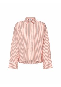 Camicetta a righe rosse e bianche con maniche lunghe, due tasche frontali e orlo curvo. Realizzata in tessuto leggero.