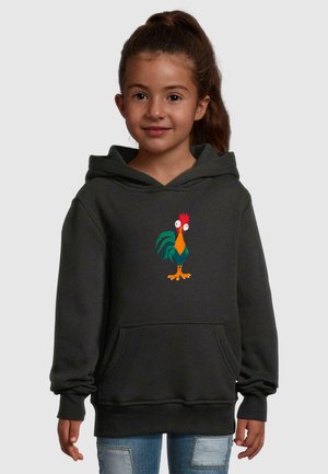 Donkergrijze hoodie met een kangoeroezak en geribbelde boorden, met een kleurrijke haanafbeelding op de voorkant. Zacht materiaal, casual ontwerp.