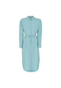 Ljusblå skjortklänning med långa ärmar, knäppning framtill, knytband i midjan, krage, sidorslitsar och slät textur.