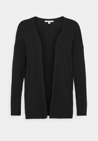 Czarny, otwarty kardigan wykonany z miękkiego materiału. Charakteryzuje się długimi, luźnymi rękawami i swobodnym krojem. Minimalistyczny design bez wzorów i ozdób.