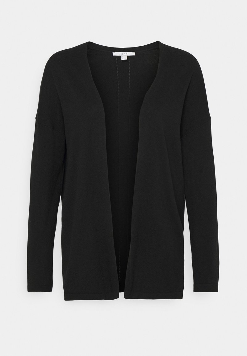 Czarny, otwarty kardigan wykonany z miękkiego materiału. Charakteryzuje się długimi, luźnymi rękawami i swobodnym krojem. Minimalistyczny design bez wzorów i ozdób.