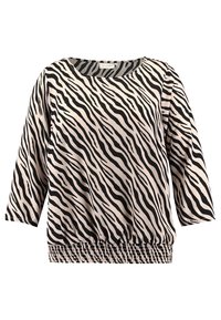 Blusa beige con strisce a zebra nere, maniche a tre quarti, scollatura rotonda e orlo elastico in vita.