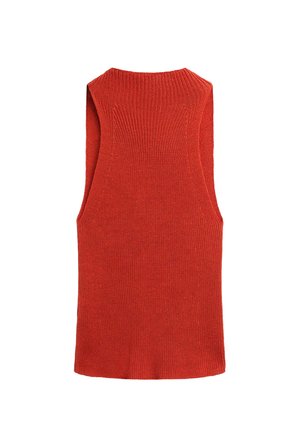 Gilet en maille orange-rouge sans manches avec un col rond haut et une texture côtelée.
