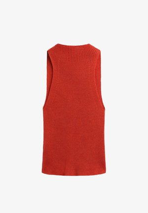 Gilet en maille orange-rouge sans manches avec un col rond haut et une texture côtelée.