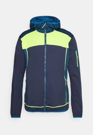 Hooded jack in marineblauw, met een helder geel en teal ontwerp. Voorkant met ritsafsluiting, zijzakken en textuuraccenten.