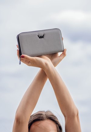 Gray fabric wallet with black logo, zip closure, rectangular shape, held with both hands against a cloudy background.