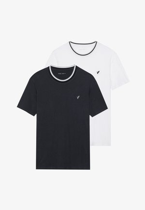 Two short-sleeved t-shirts: one black with a white collar and logo, the other white with a black collar and logo; cotton blend fabric.