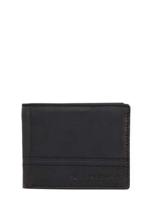 Black leather wallet featuring a smooth texture, bi-fold design, visible stitching, and a subtle embossed logo on the front.
