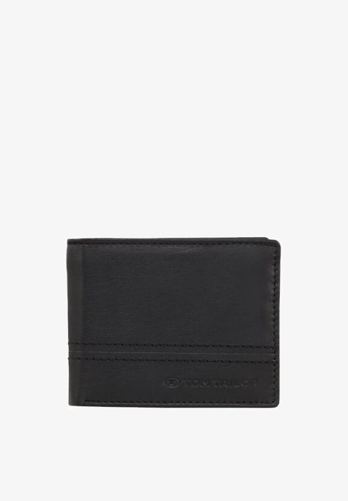 Black leather wallet featuring a smooth texture, bi-fold design, visible stitching, and a subtle embossed logo on the front.