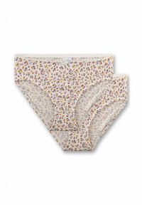 Slip di cotone con base bianca e motivo floreale multicolore. Vita elasticizzata con bordo in pizzo e finitura liscia.