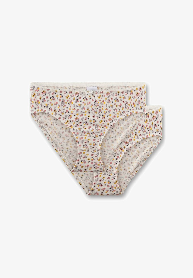 Slip di cotone con base bianca e motivo floreale multicolore. Vita elasticizzata con bordo in pizzo e finitura liscia.