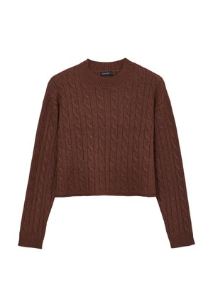 Brauner Strickpullover mit Rundhalsausschnitt und langen Ärmeln. Der kurze Schnitt zeigt ein strukturiertes Muster sowie gerippte Bündchen und Saum.