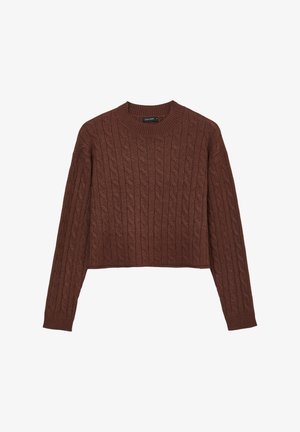 Brauner Strickpullover mit Rundhalsausschnitt und langen Ärmeln. Der kurze Schnitt zeigt ein strukturiertes Muster sowie gerippte Bündchen und Saum.