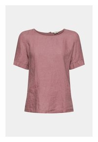 Blouse en lin rose poussiéreux à manches courtes, avec encolure ronde et fermeture à boutons au dos, présentée sur fond blanc uni.