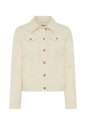 Veste en denim couleur crème avec manches longues, devant à boutons, deux poches poitrine à rabat avec boutons et poches latérales passepoilées.