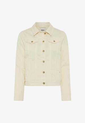 Kremfarvet denimjakke med lange ærmer, knappet front, to brystlommer med klapper og knapper samt sidelommer.