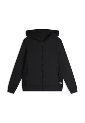 Felpa nera con cerniera frontale, caratterizzata da un design strutturato e trapuntato sui lati. Dotata di cappuccio e polsini a coste. Tessuto morbido con una finitura liscia.