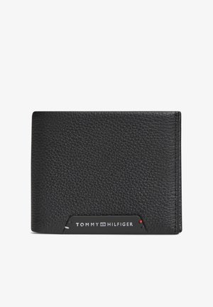 Schwarze strukturierte Lederbörse mit Tommy Hilfiger Logo-Plakette vorne unten mittig.