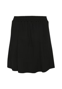 Jupe noire en tissu doux, dotée d'une taille élastique, d'une coupe évasée et d'une texture lisse sans motifs ni accents visibles.