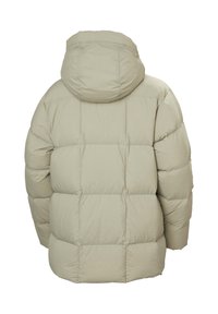 Giacca imbottita in beige chiaro. Presenta un cappuccio, un design trapuntato e una texture morbida e liscia. Adatta per il freddo.