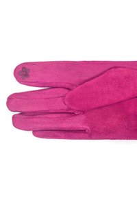 Guanti fucsia realizzati in morbido camoscio, con una texture liscia e un piccolo motivo floreale nella zona del polso. Stile classico a cinque dita.