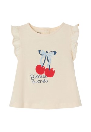 Cream toddler shirt with ruffled sleeves, red cherries tied with a blue bow, and blue text reading "Bisous sucrés" on front.