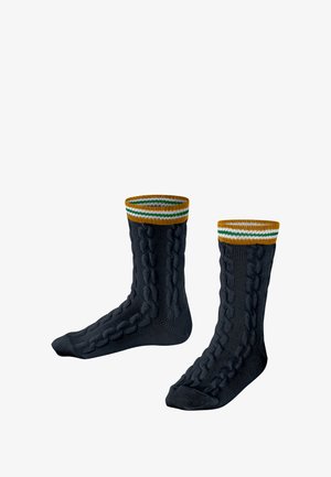 Chaussettes en laine de couleur bleu marine avec un motif de câble texturé et des poignets côtelés, présentant des rayures marron, vert et blanc sur l'ouverture.