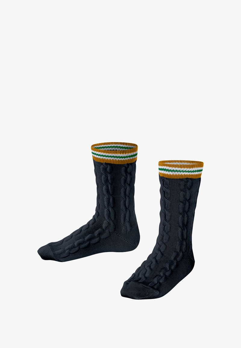 Granatowe skarpetki wełniane z teksturowanym wzorem w warkocze oraz ściągaczami, z brązowymi, zielonymi i białymi paskami na końcu.